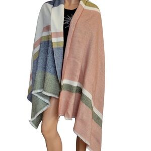 J. Crew NWT raw edge color block large scarf wrap blue white red green